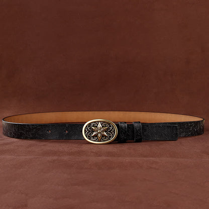 Women's Flower Embossing Five-Pointed Star Buckle Leather Belt