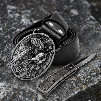 Men's Soaring Eagle Leather Belt With Folding Knife