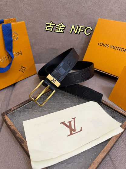 Top layer cowhide checkered golden belt 3.5cm