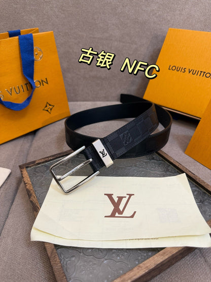 Top layer cowhide checkered silver belt 3.5cm