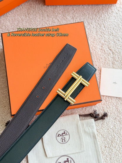 Premium hardware paired with a chocolate togo leather belt 3.8cm